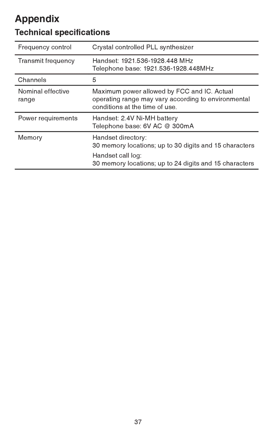 VTech CS6114 user manual Technical specifications 