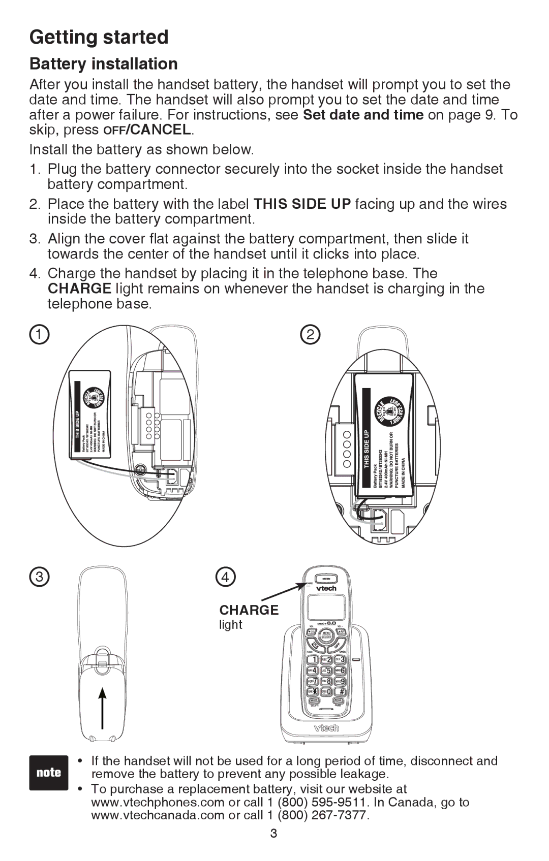 VTech CS6114 user manual Battery installation, Charge 