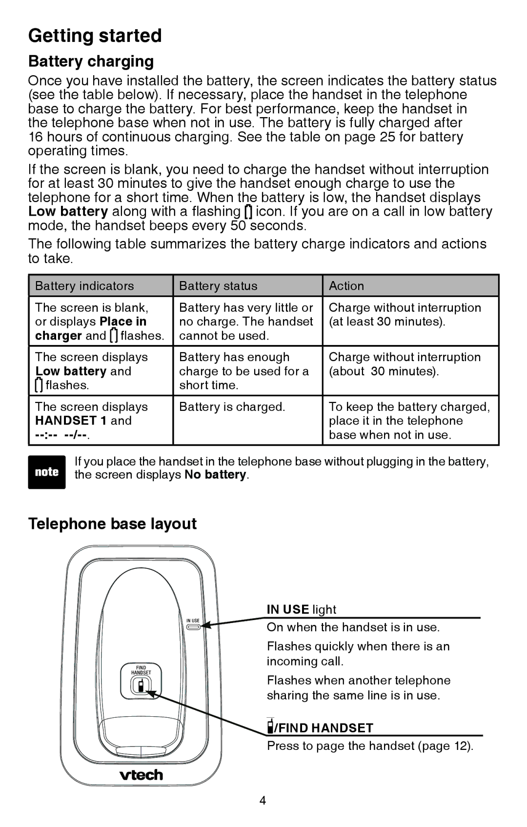 VTech CS6114 user manual Battery charging, Telephone base layout 