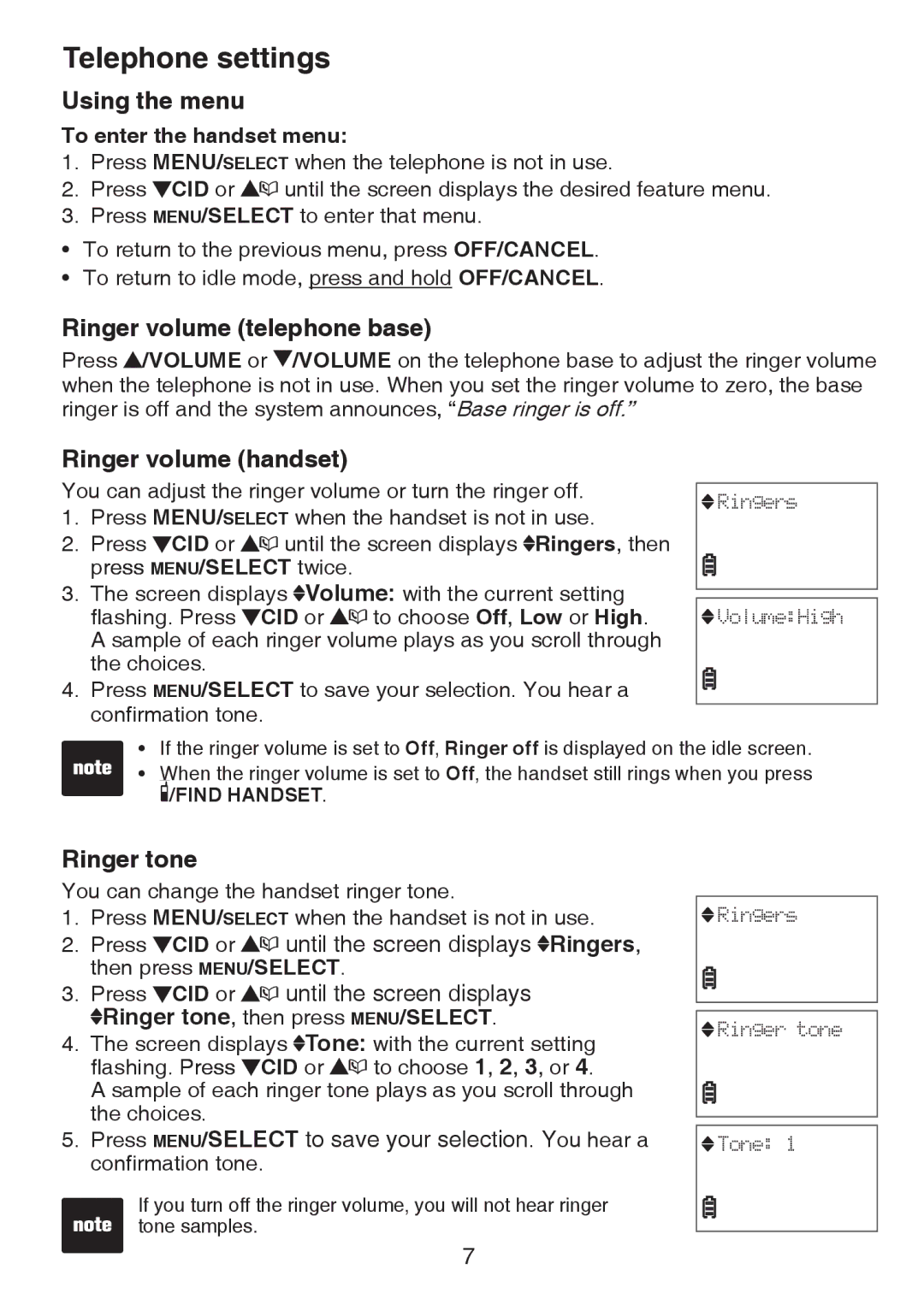 VTech CS6124-2 Telephone settings, Using the menu, Ringer volume telephone base, Ringer volume handset, Ringer tone 