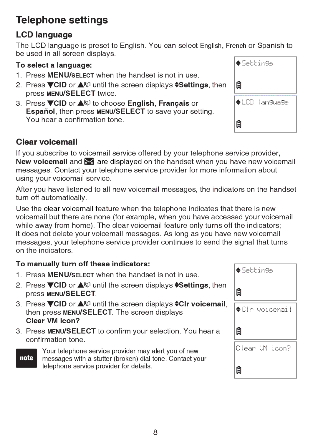 VTech CS6124-2 LCD language, Clear voicemail, To select a language, To manually turn off these indicators, Clear VM icon? 