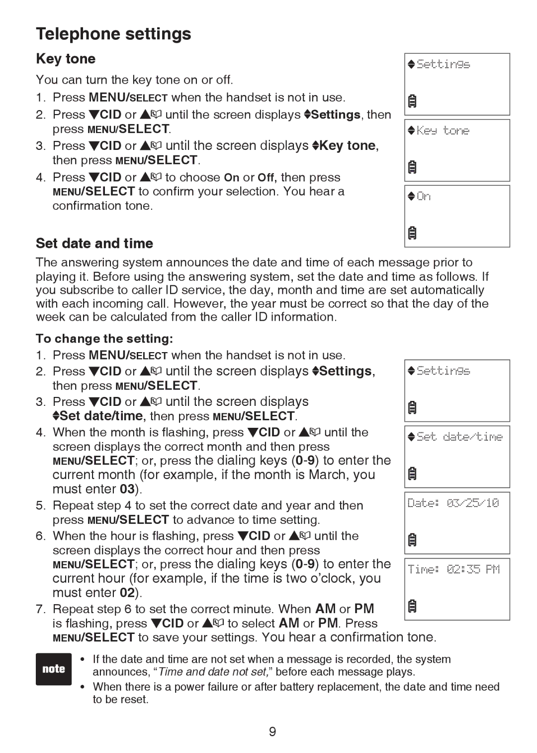 VTech CS6124-2 user manual Key tone, Set date and time, To change the setting, CID or 