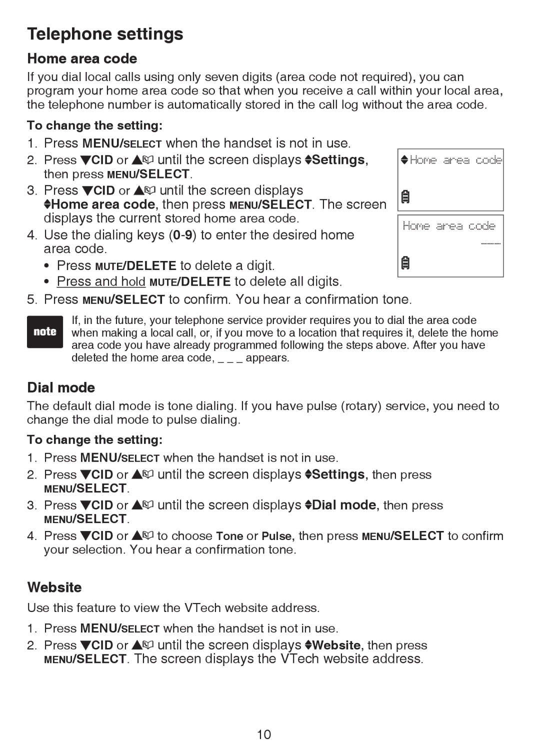 VTech CS6124-2 user manual Home area code, Dial mode, Website 