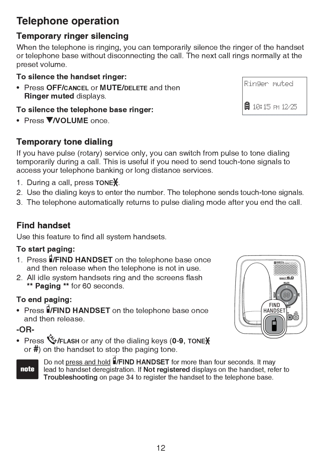 VTech CS6124-2 user manual Temporary ringer silencing, Temporary tone dialing, Find handset 