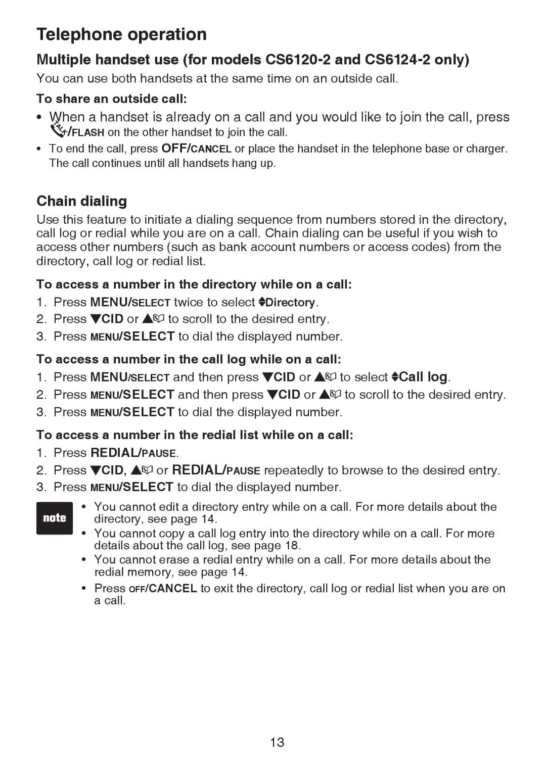 VTech user manual Multiple handset use for models CS6120-2 and CS6124-2 only, Chain dialing, To share an outside call 