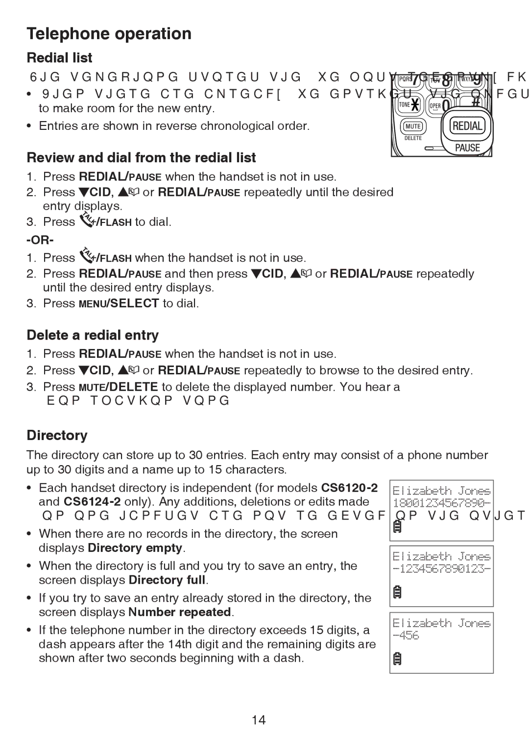 VTech CS6124-2 user manual Redial list, Review and dial from the redial list, Delete a redial entry, Directory 