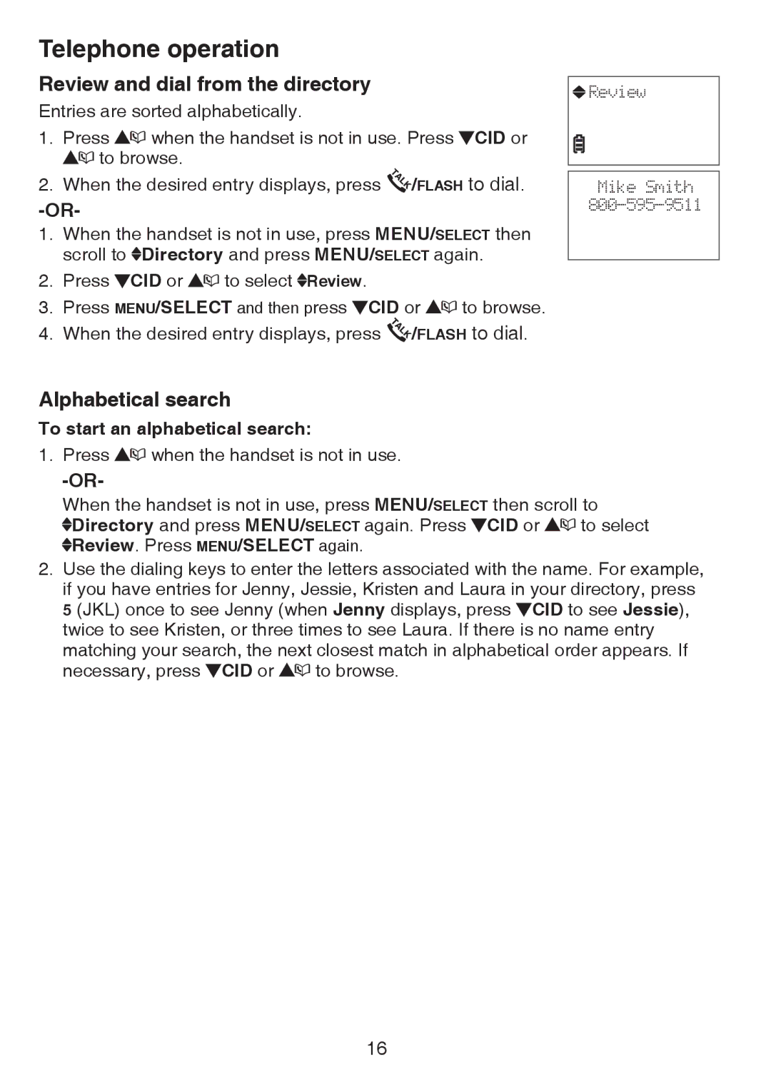 VTech CS6124-2 user manual Review and dial from the directory, Alphabetical search, To start an alphabetical search 