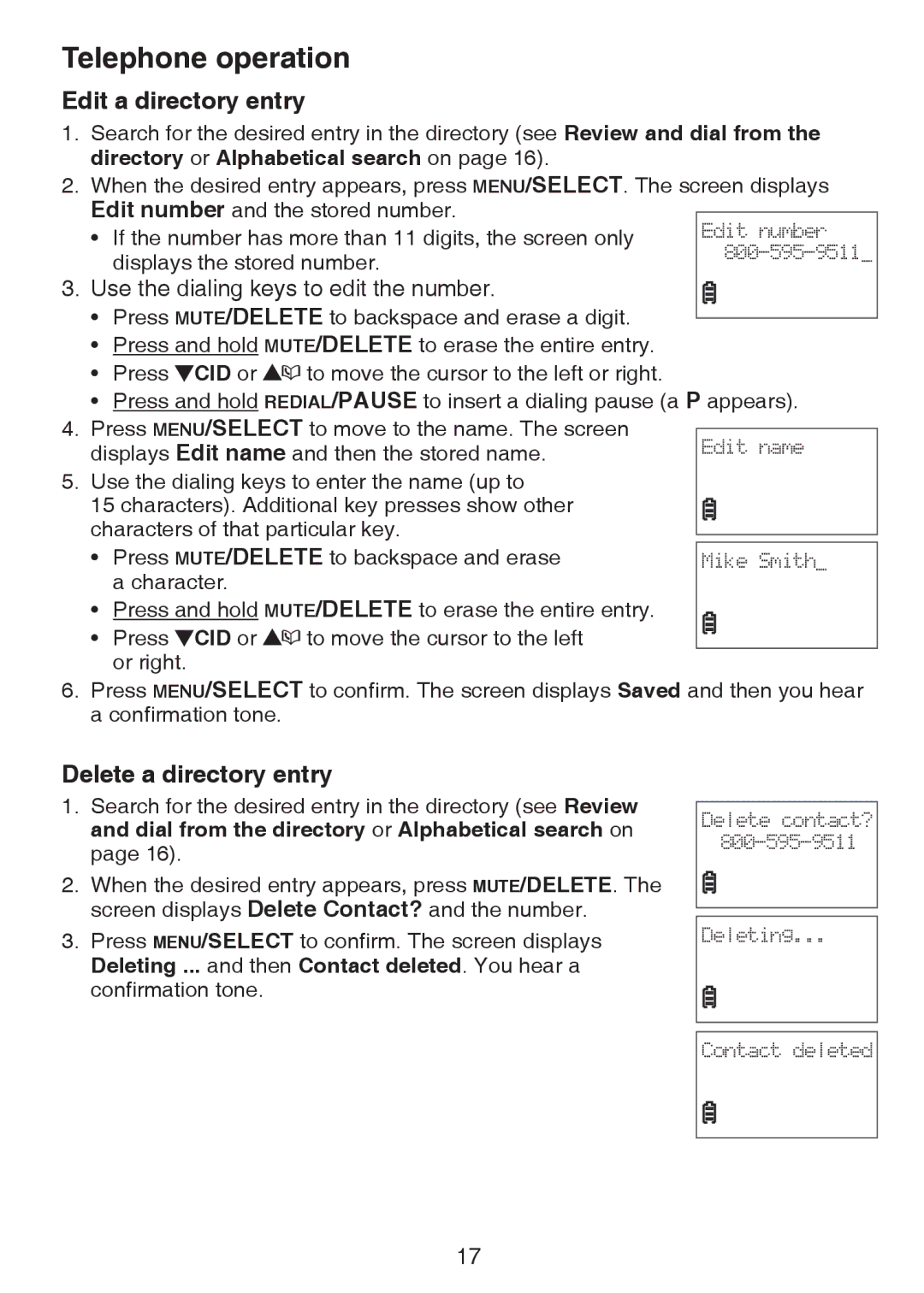 VTech CS6124-2 user manual Edit a directory entry, Delete a directory entry 