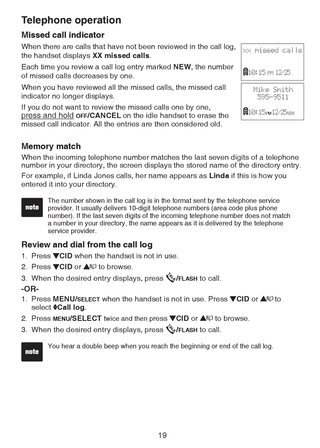 VTech CS6124-2 user manual Missed call indicator, Memory match, Review and dial from the call log 