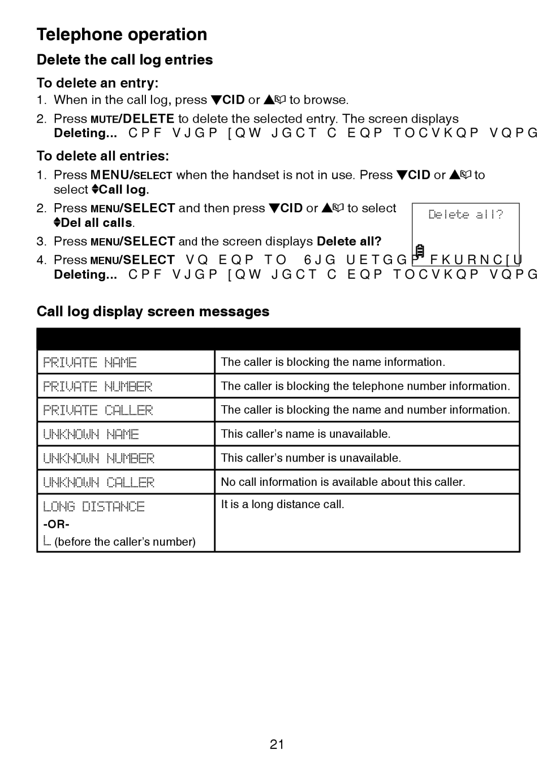 VTech CS6124-2 user manual Delete the call log entries, Call log display screen messages, Del all calls, Displays When 