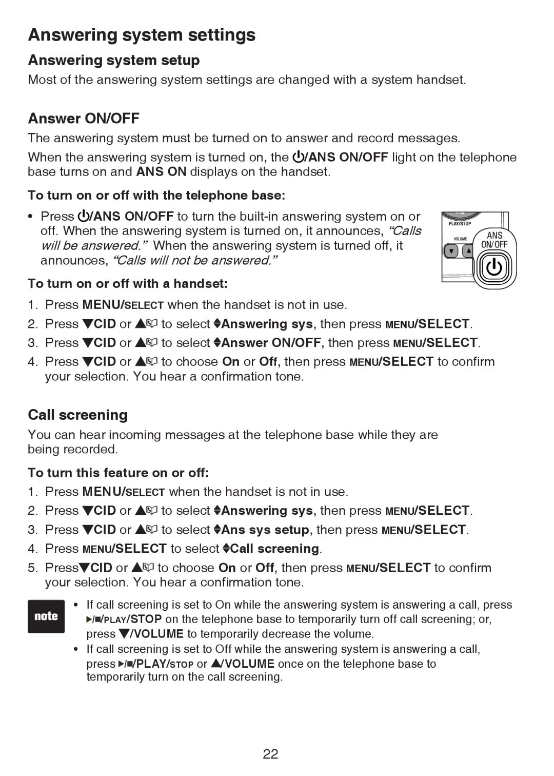 VTech CS6124-2 user manual Answering system settings, Answering system setup, Answer ON/OFF, Call screening 