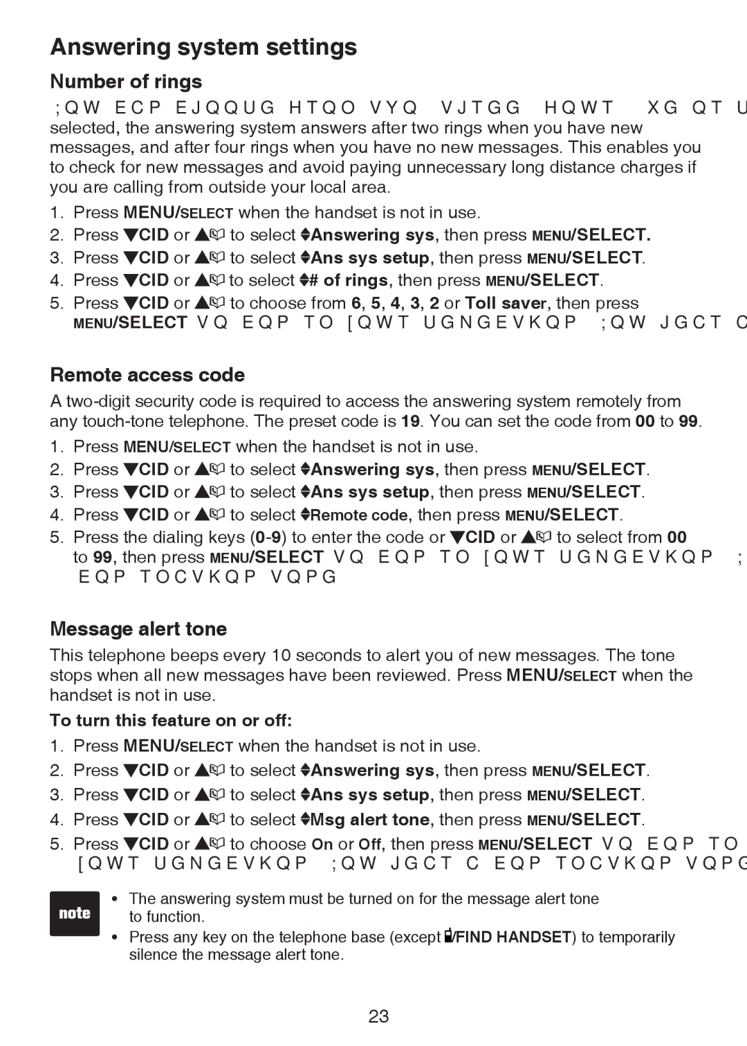 VTech CS6124-2 user manual Number of rings, Remote access code, Message alert tone 