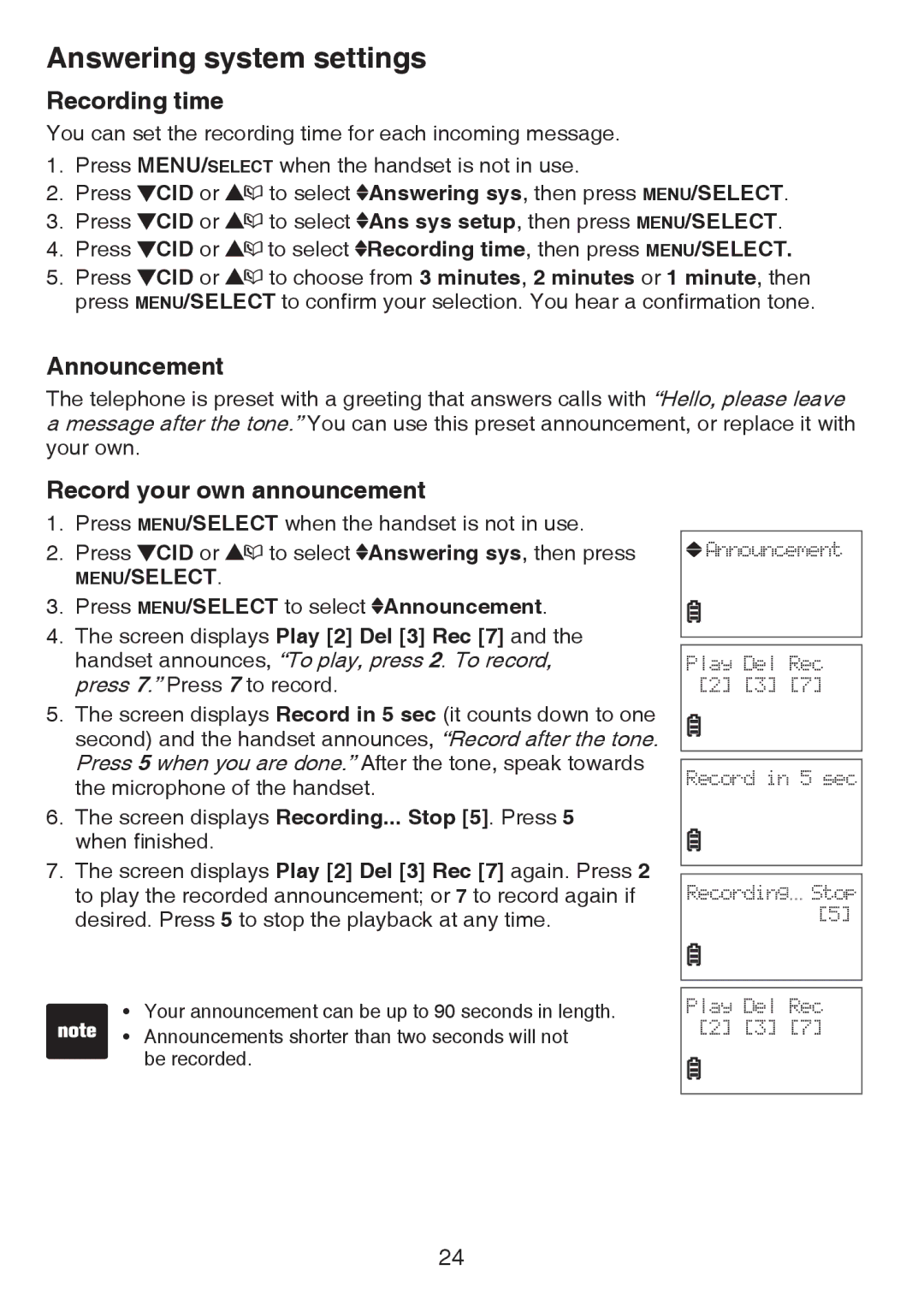 VTech CS6124-2 user manual Recording time, Record your own announcement, Press MENU/SELECT to select Announcement 