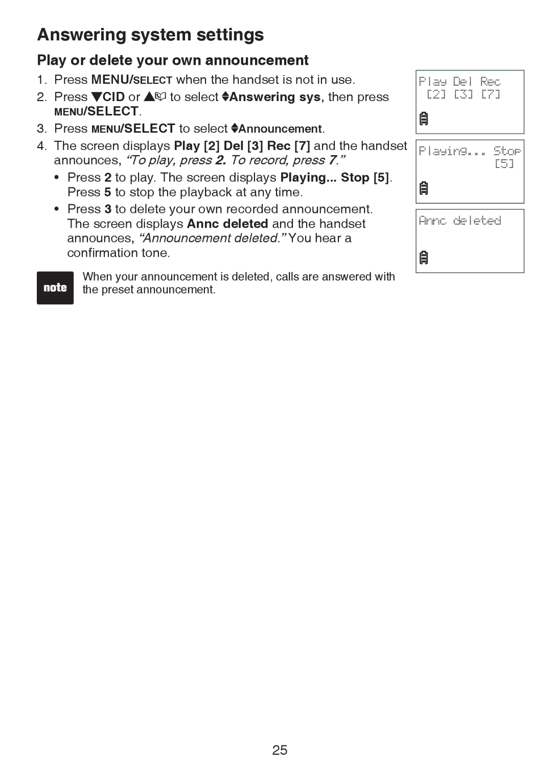 VTech CS6124-2 user manual Play or delete your own announcement 