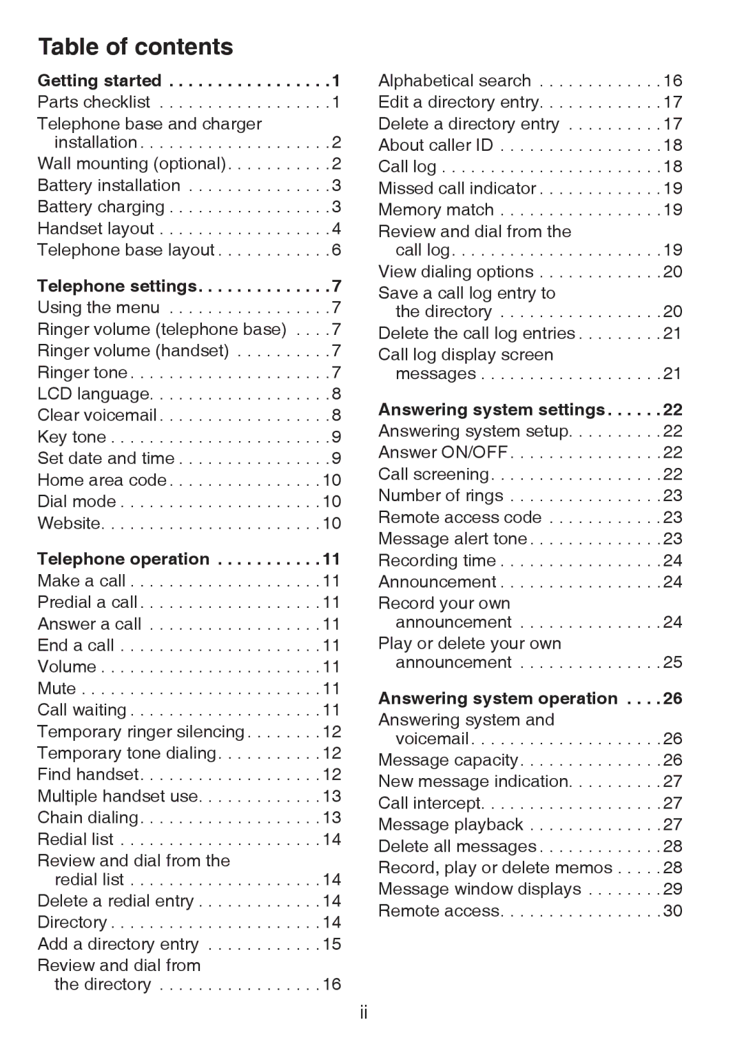 VTech CS6124-2 user manual Table of contents 