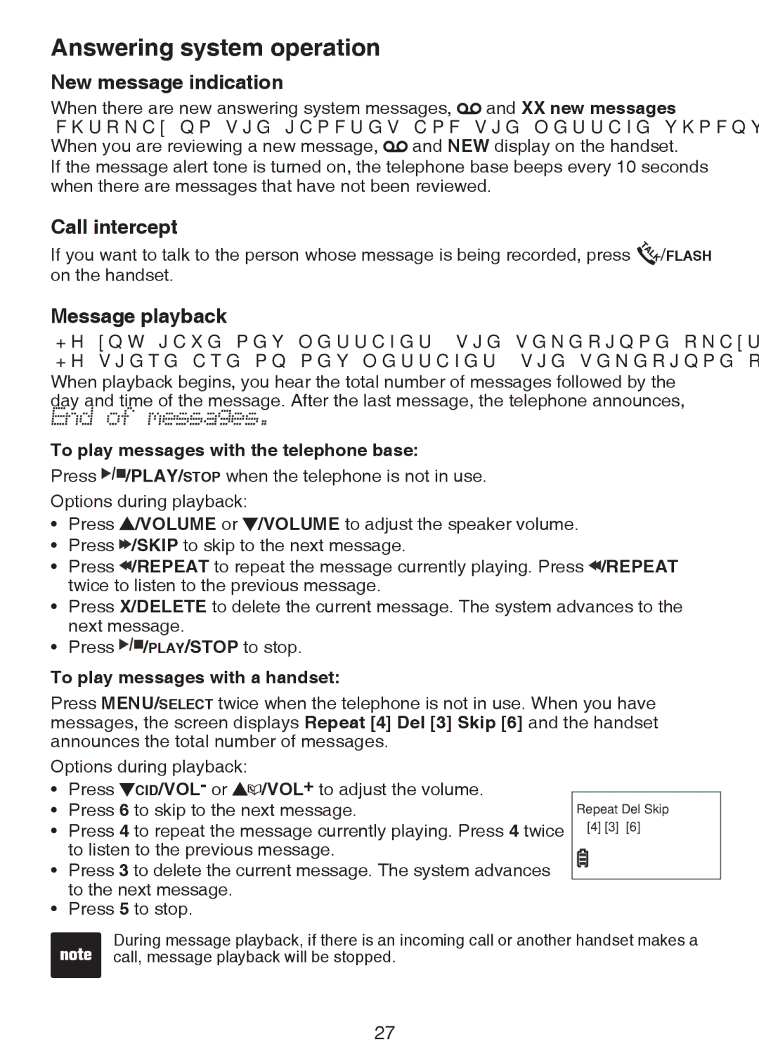 VTech CS6124-2 New message indication, Call intercept, Message playback, To play messages with the telephone base 