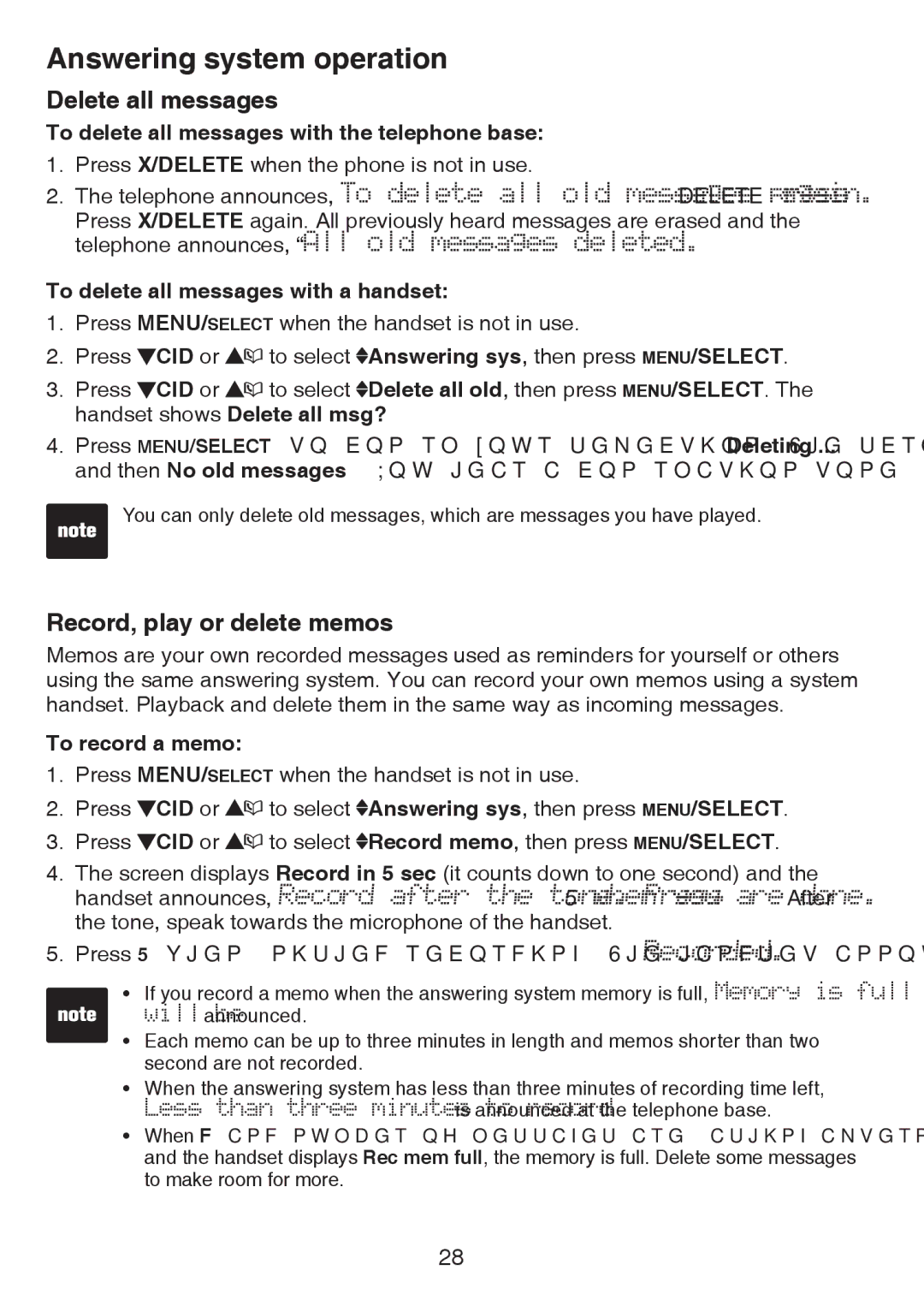 VTech CS6124-2 Delete all messages, Record, play or delete memos, To delete all messages with the telephone base 