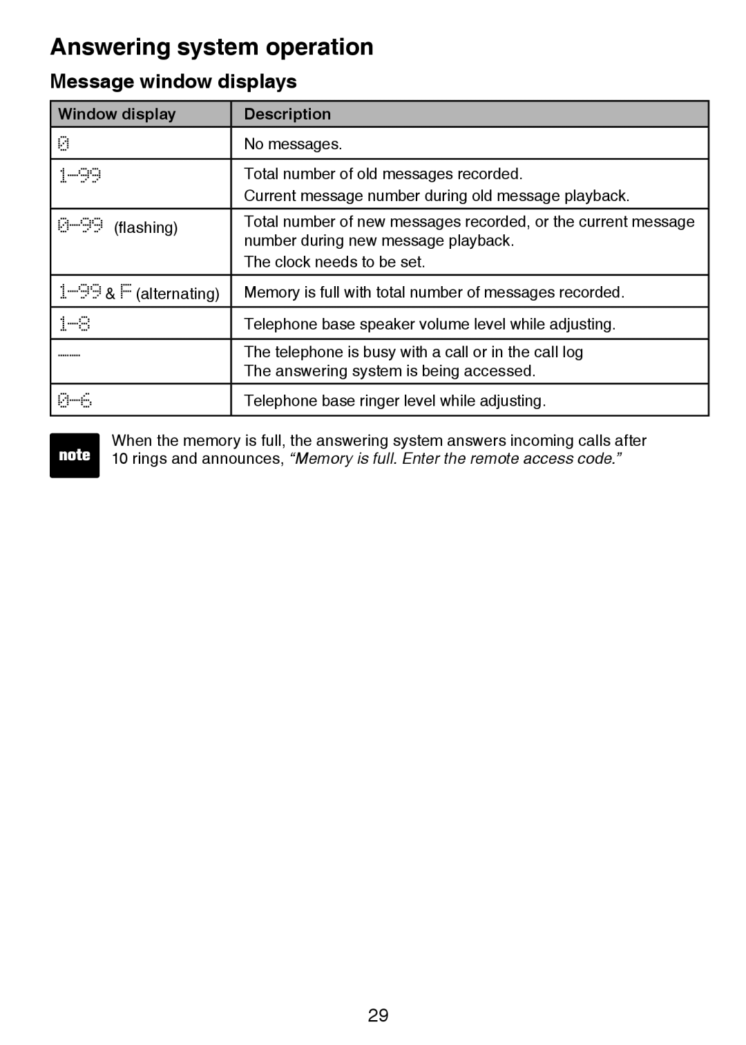 VTech CS6124-2 user manual Message window displays, Window display Description 