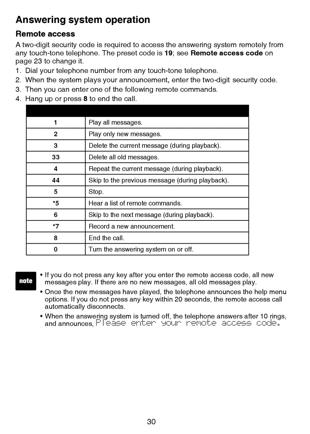 VTech CS6124-2 user manual Remote access, Command Function 