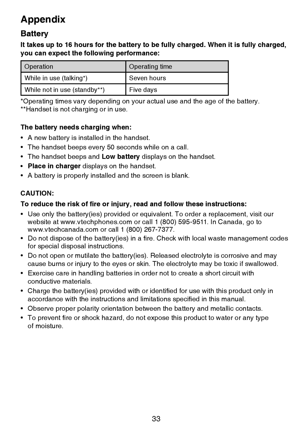 VTech CS6124-2 user manual Battery needs charging when 