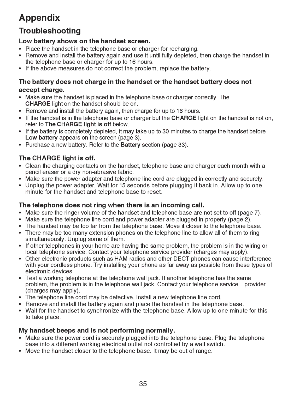 VTech CS6124-2 user manual Low battery shows on the handset screen, Charge light is off 