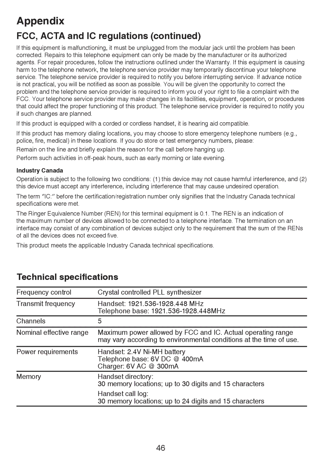 VTech CS6124-2 user manual Technical specifications, Industry Canada 