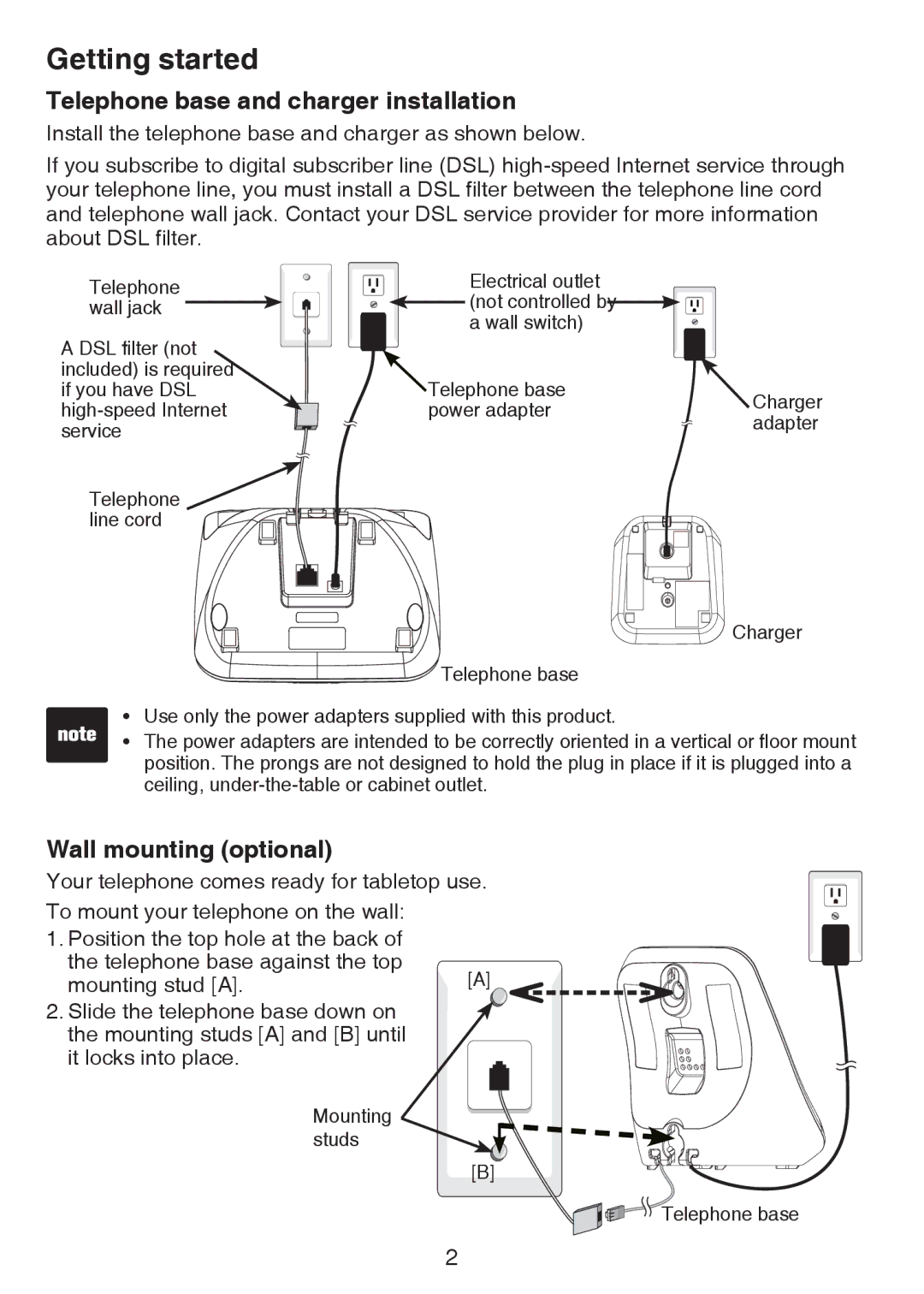 VTech CS6124-2 user manual Telephone base and charger installation, Wall mounting optional 