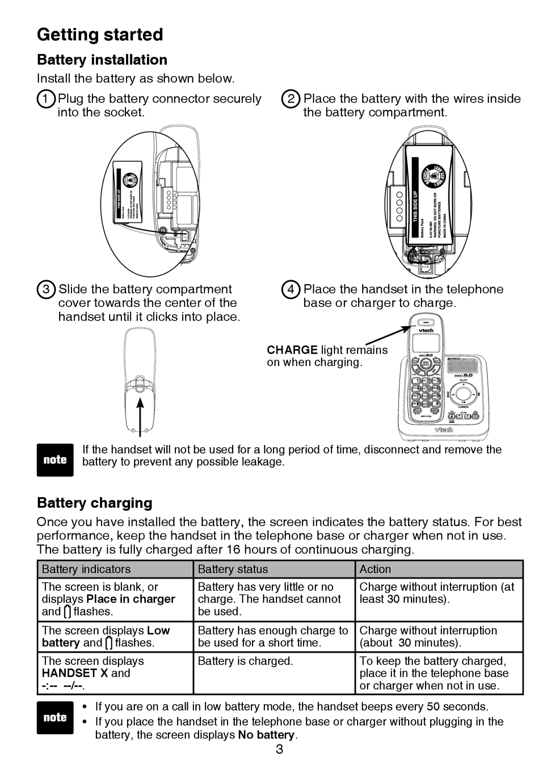 VTech CS6124-2 user manual Battery installation, Battery charging, Displays Place in charger, Handset X 