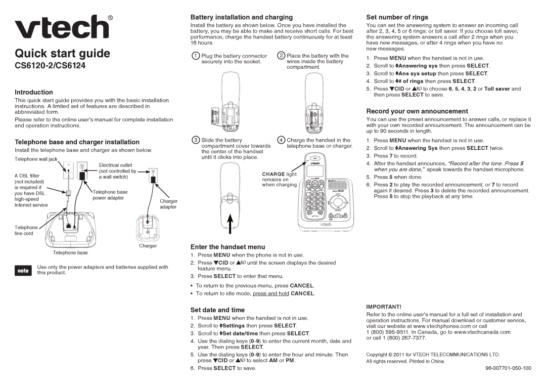 VTech CS6120-2 quick start Battery installation and charging, Set number of rings, Introduction, Enter the handset menu 