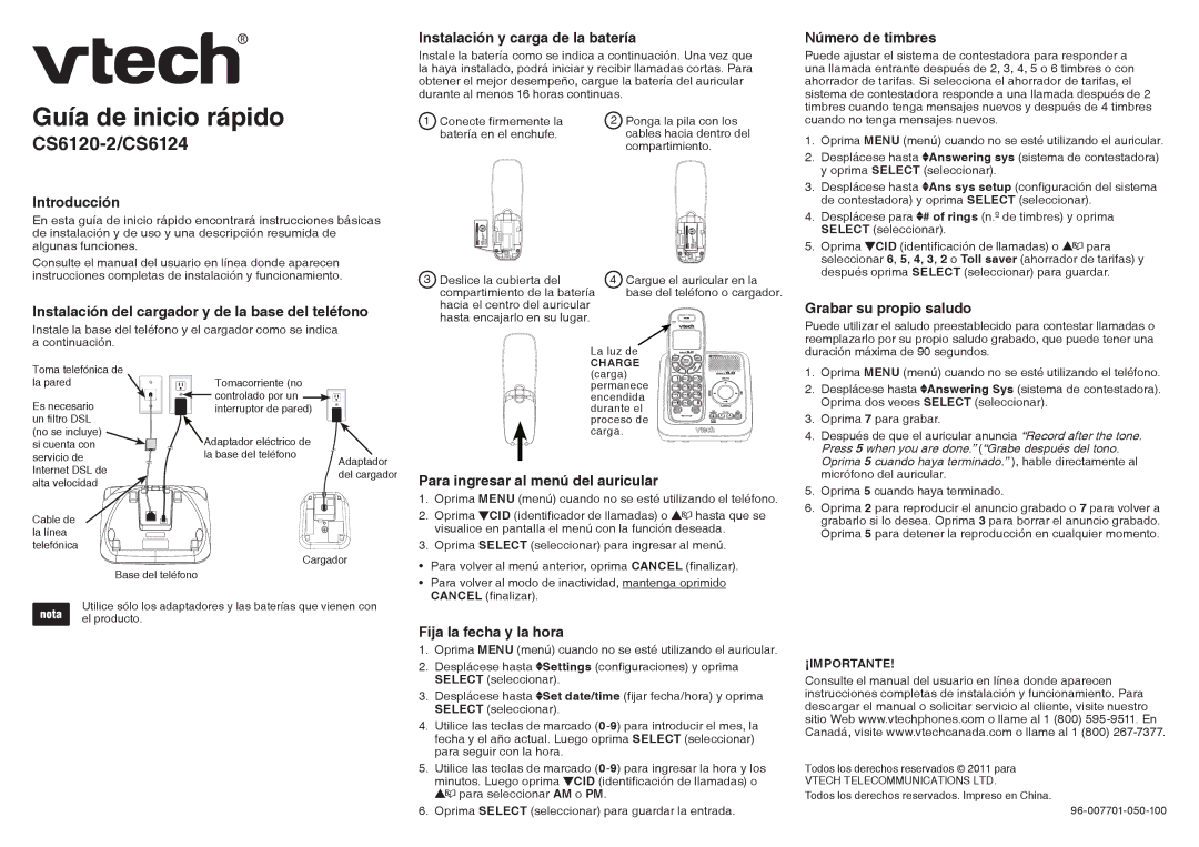 VTech CS6124, CS6120-2 Introducción, Instalación del cargador y de la base del teléfono, Instalación y carga de la batería 