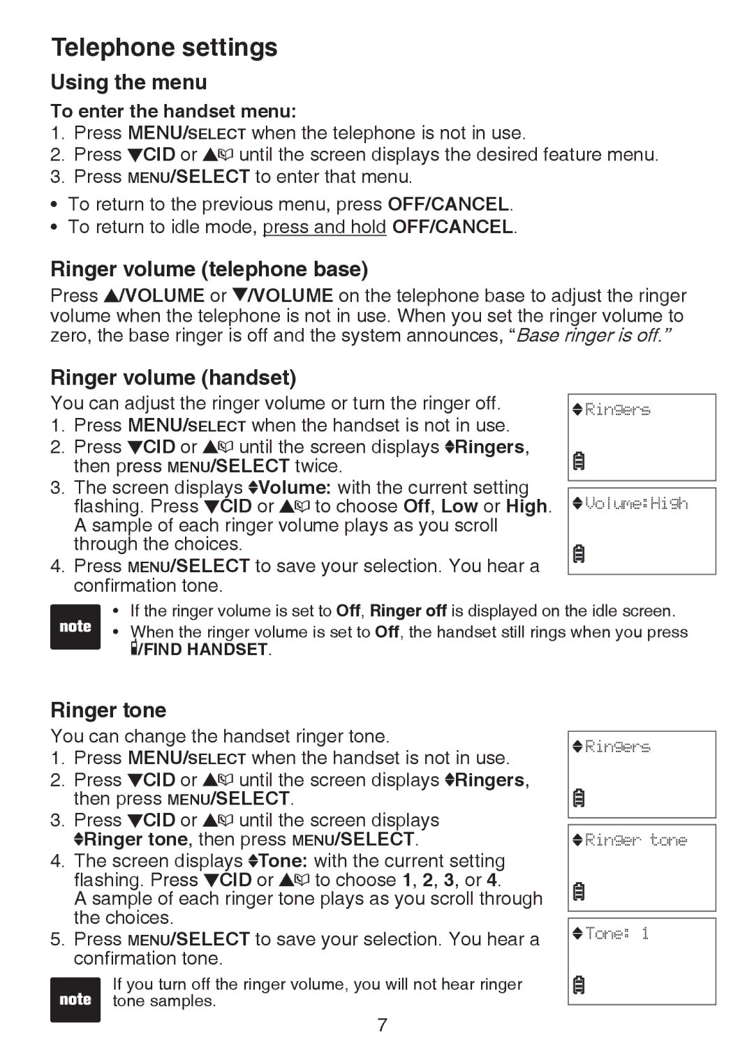 VTech CS6124-2 Telephone settings, Using the menu, Ringer volume telephone base, Ringer volume handset, Ringer tone 