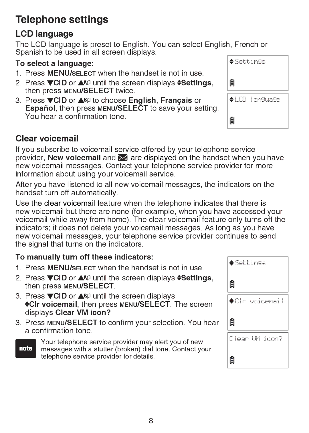 VTech CS6124-21, CS6124-11 LCD language, Clear voicemail, To select a language, To manually turn off these indicators 