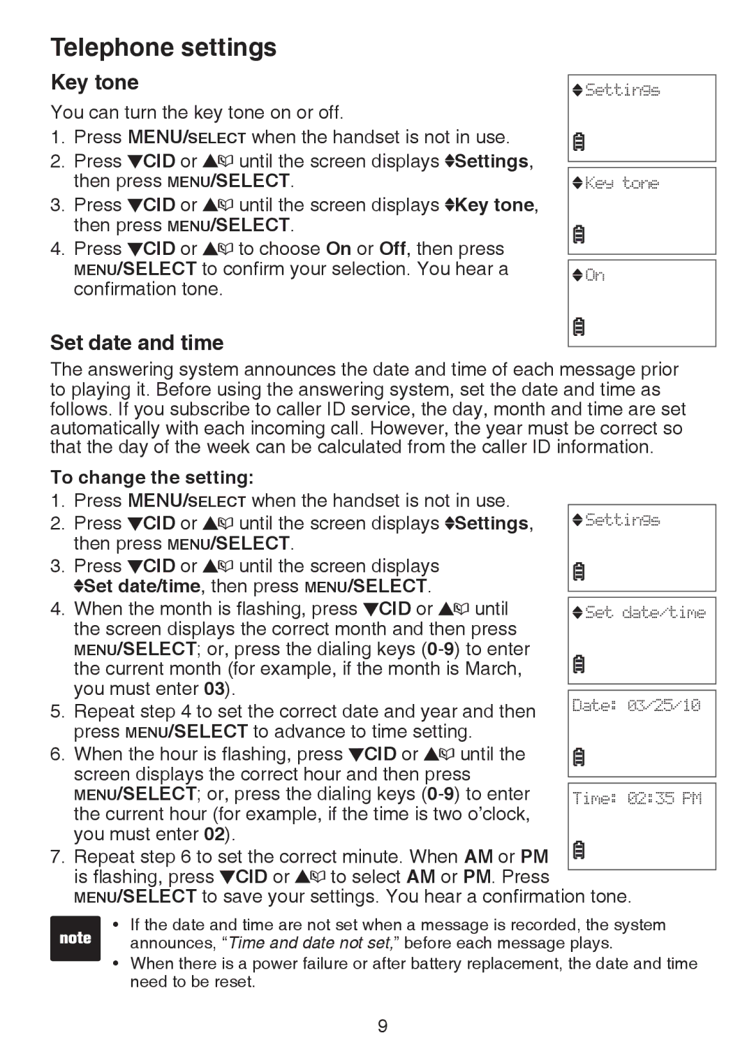 VTech CS6124-11 Key tone, Set date and time, To change the setting, Set date/time, then press MENU/SELECT, CID or 