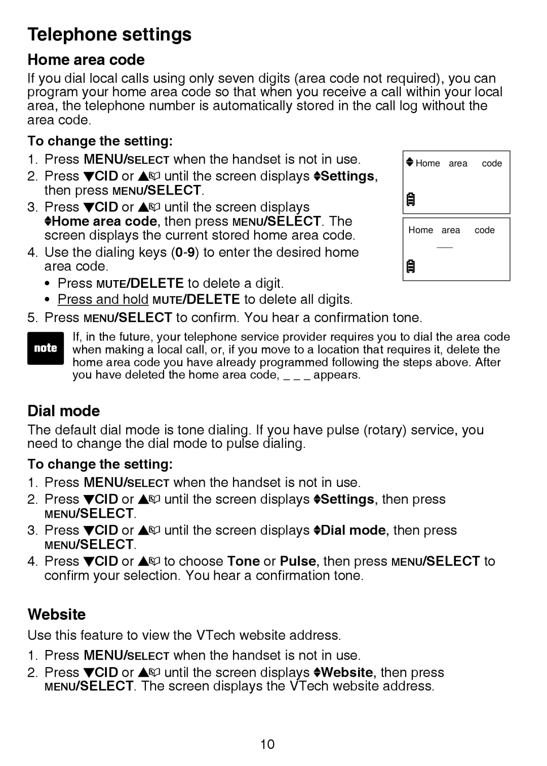 VTech CS6124-31, CS6124-21, CS6124-11 user manual Home area code, Dial mode, Website 