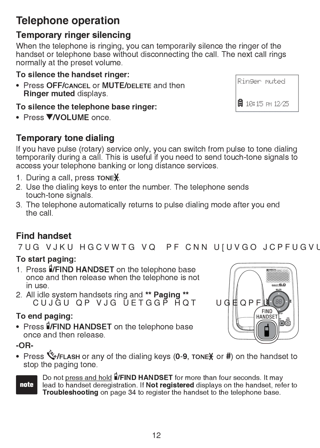 VTech CS6124-21, CS6124-11, CS6124-31 user manual Temporary ringer silencing, Temporary tone dialing, Find handset 