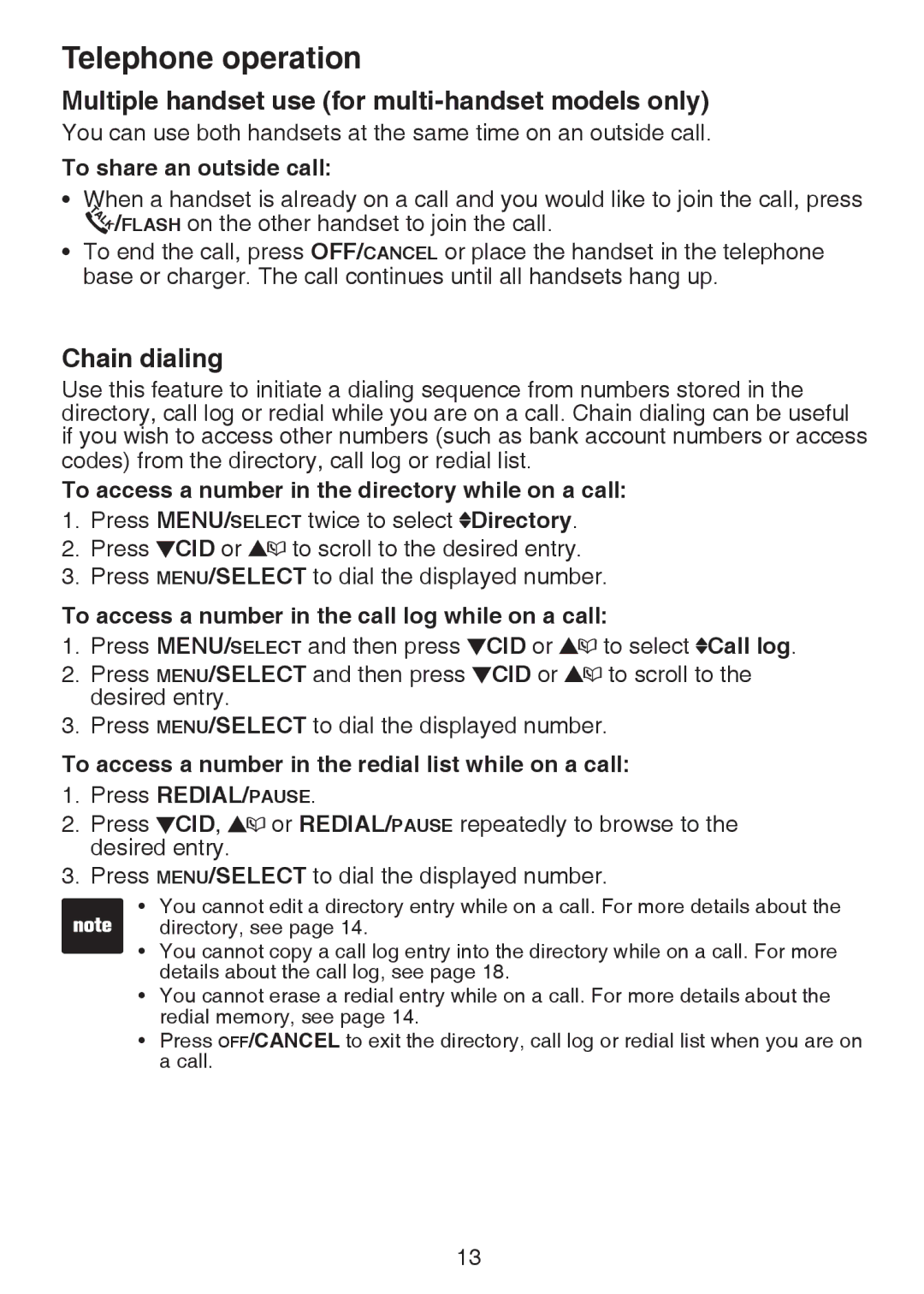 VTech CS6124-21, CS6124-11, CS6124-31 user manual Multiple handset use for multi-handset models only, Chain dialing 