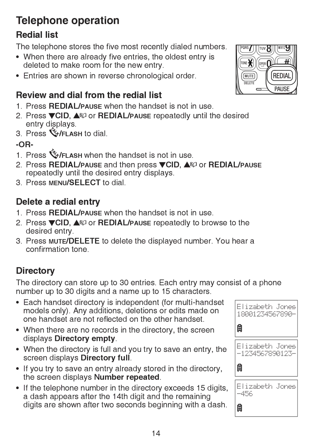 VTech CS6124-11, CS6124-21 Redial list, Review and dial from the redial list, Delete a redial entry, Directory 