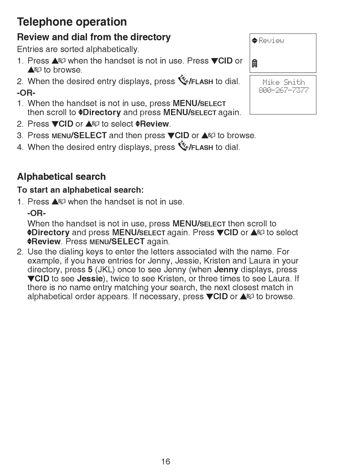 VTech CS6124-21, CS6124-11 Review and dial from the directory, Alphabetical search, To start an alphabetical search 