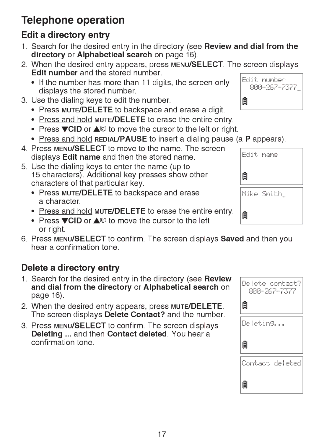 VTech CS6124-21, CS6124-11, CS6124-31 user manual Edit a directory entry, Delete a directory entry 