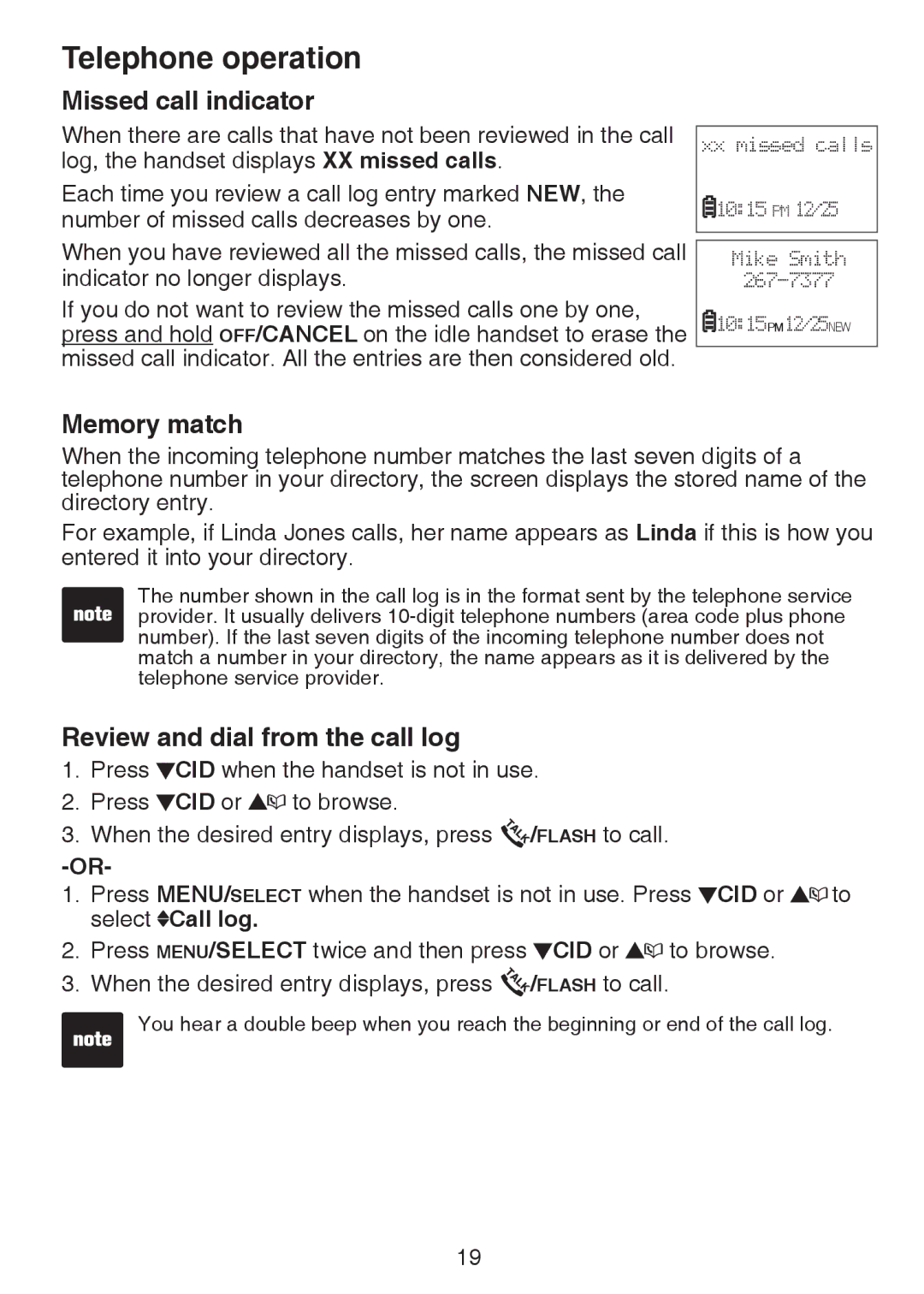 VTech CS6124-11, CS6124-21, CS6124-31 user manual Missed call indicator, Memory match, Review and dial from the call log 