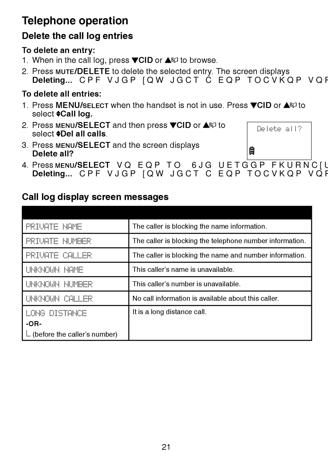 VTech CS6124-21, CS6124-11, CS6124-31 user manual Delete the call log entries, Call log display screen messages 