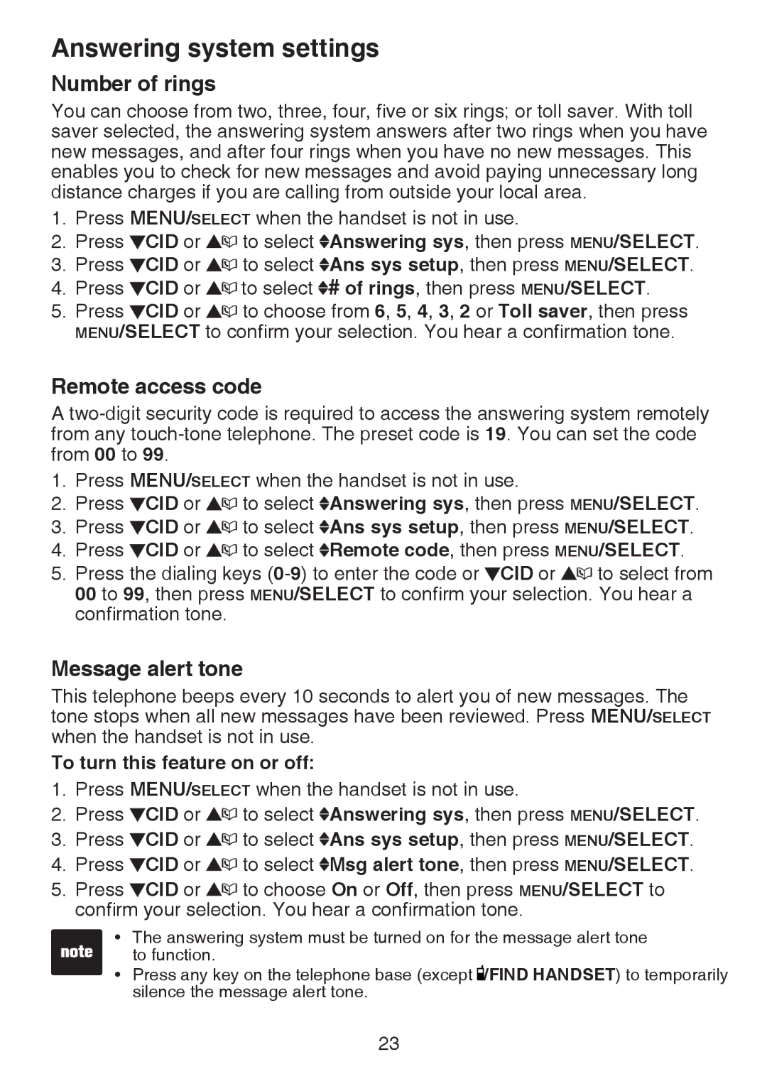 VTech CS6124-21, CS6124-11, CS6124-31 user manual Number of rings, Remote access code, Message alert tone 