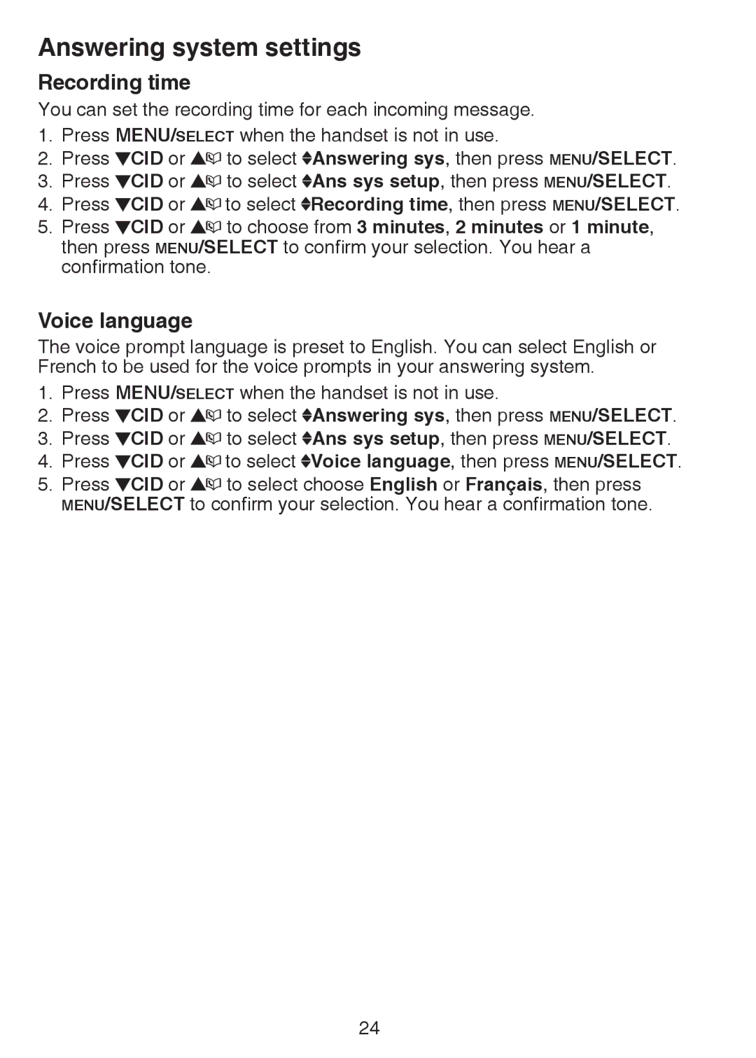 VTech CS6124-11, CS6124-21, CS6124-31 user manual Recording time, Voice language 