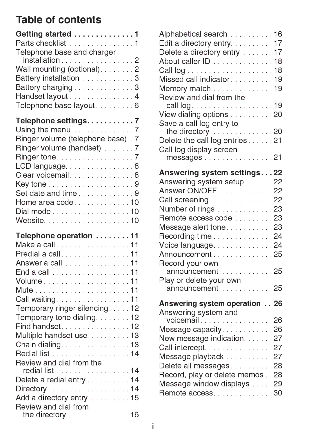 VTech CS6124-11, CS6124-21, CS6124-31 user manual Table of contents 