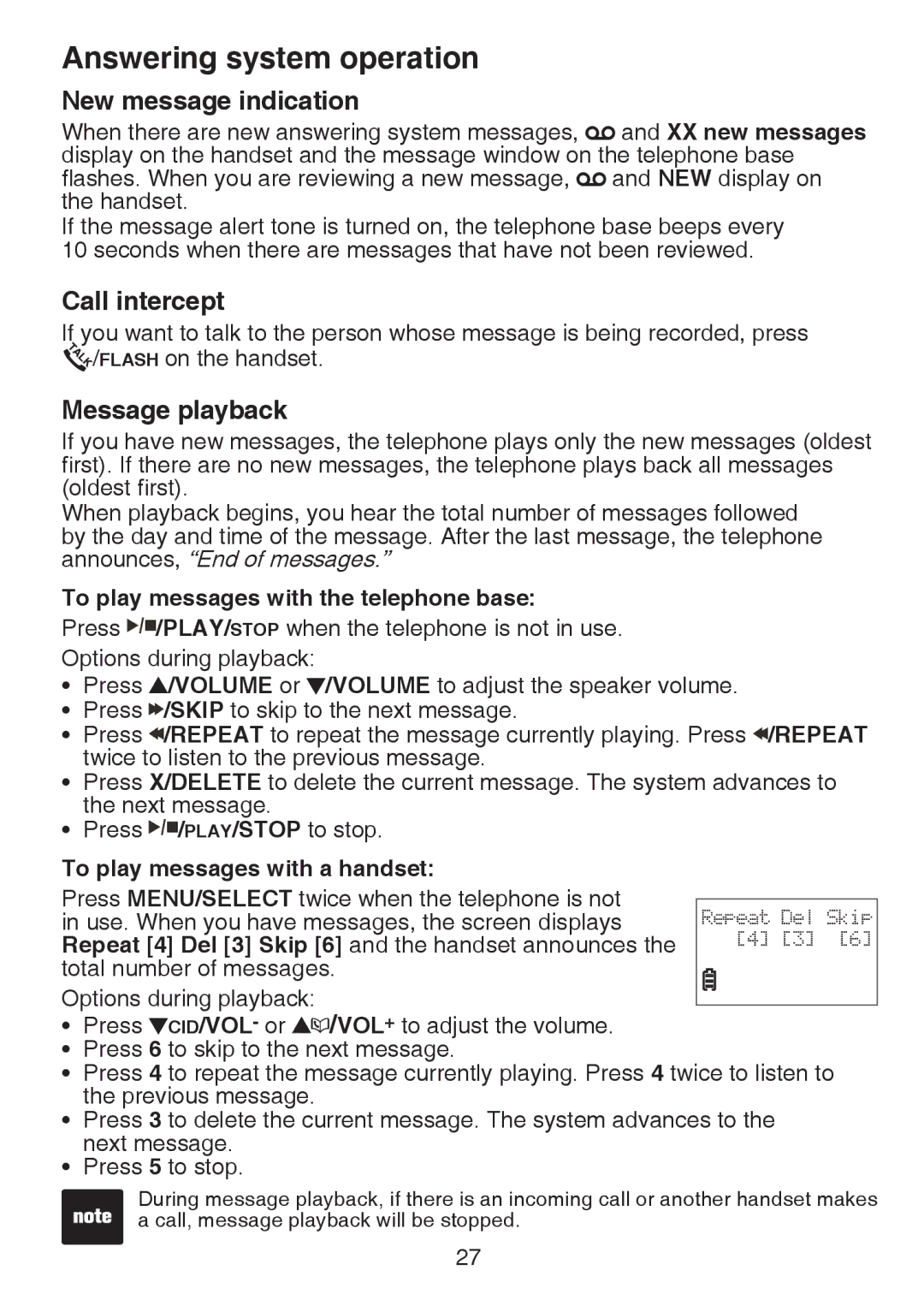 VTech CS6124-2 New message indication, Call intercept, Message playback, To play messages with the telephone base 