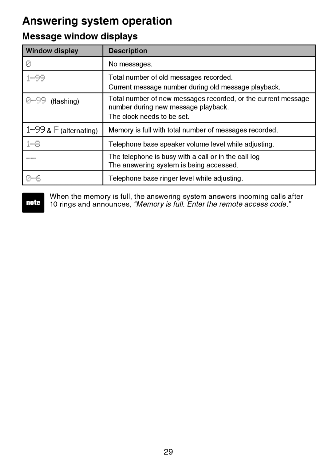 VTech CS6124-11, CS6124-21, CS6124-31 user manual Message window displays, Window display Description 