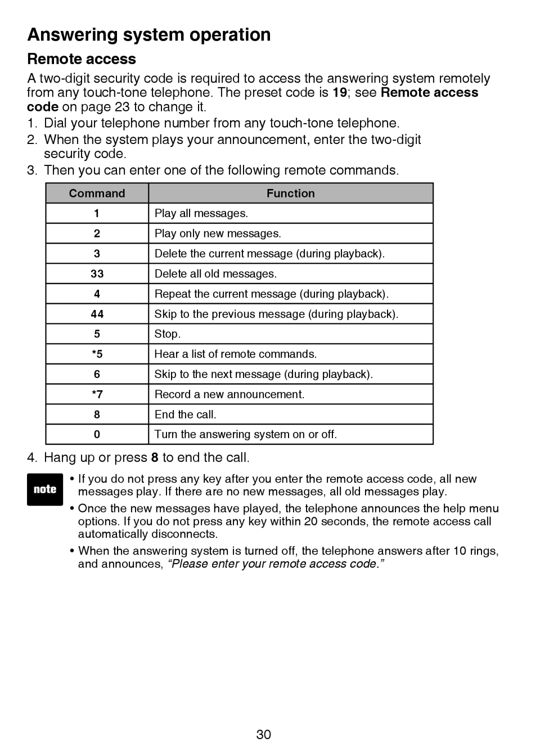 VTech CS6124-31, CS6124-21, CS6124-11 user manual Remote access, Command Function 