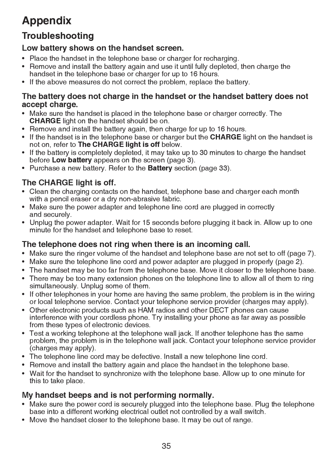 VTech CS6124-31, CS6124-21, CS6124-11 user manual Low battery shows on the handset screen, Charge light is off 