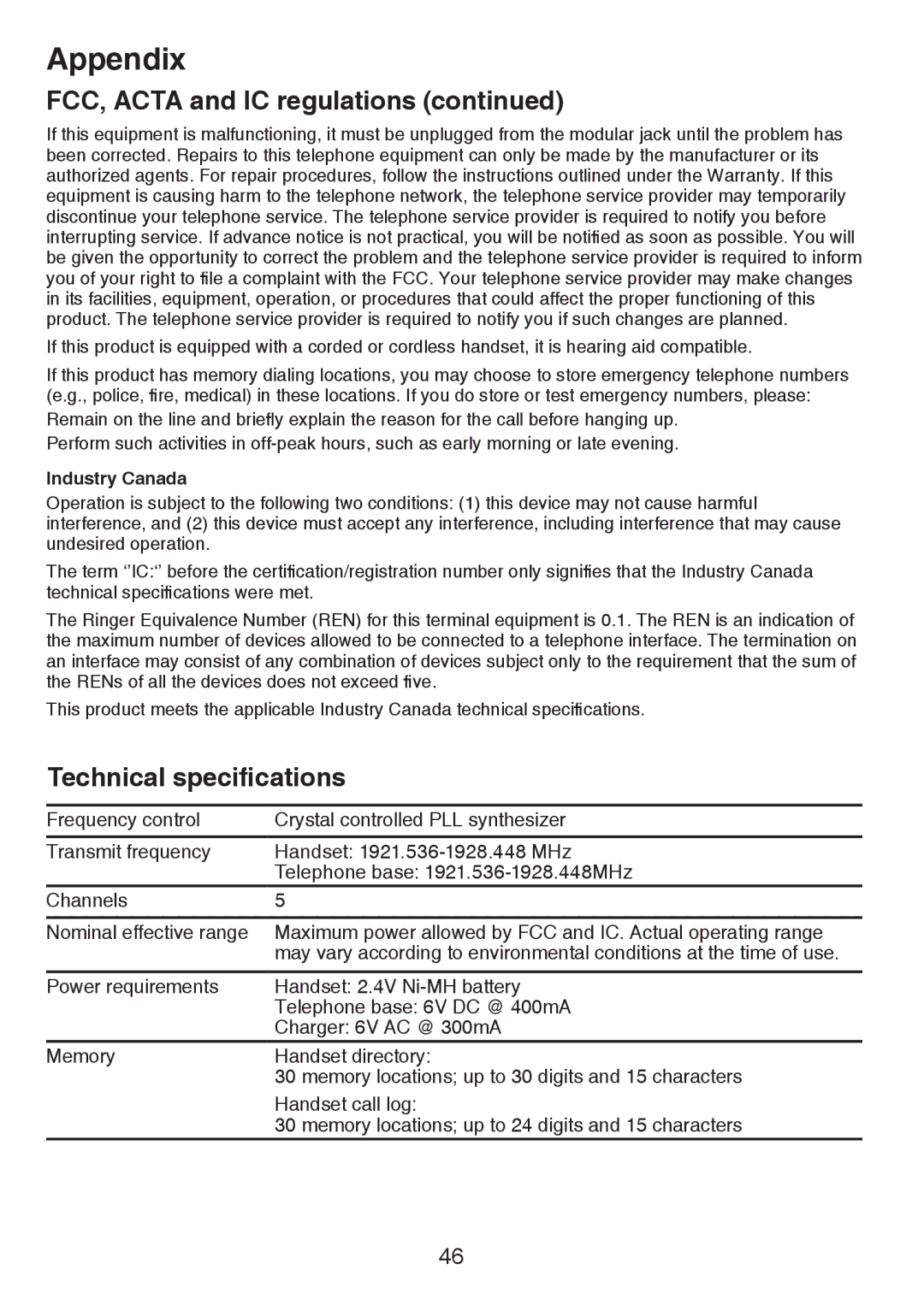 VTech CS6124-21, CS6124-11, CS6124-31 user manual Technical specifications, Industry Canada 