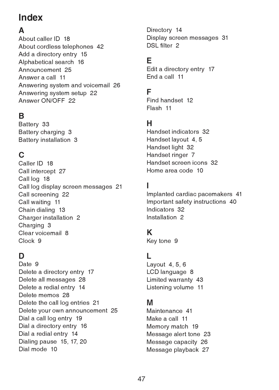 VTech CS6124-21, CS6124-11, CS6124-31 user manual Index 